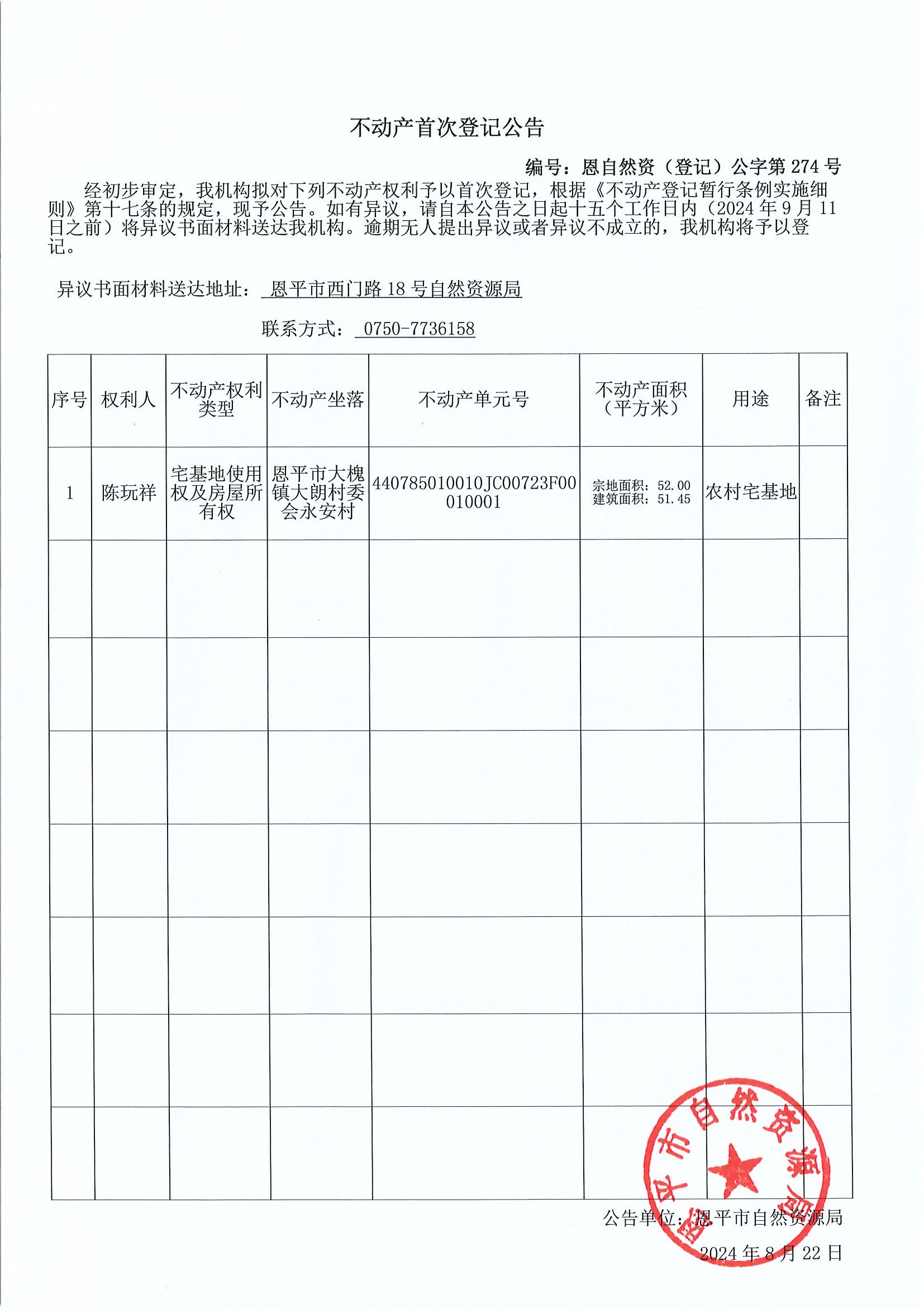 不動(dòng)產(chǎn)首次登記公告-編號：恩自然資（登記）公字第274號-恩平市大槐鎮(zhèn)大朗村委會(huì)永安村（阮玩祥）.jpg