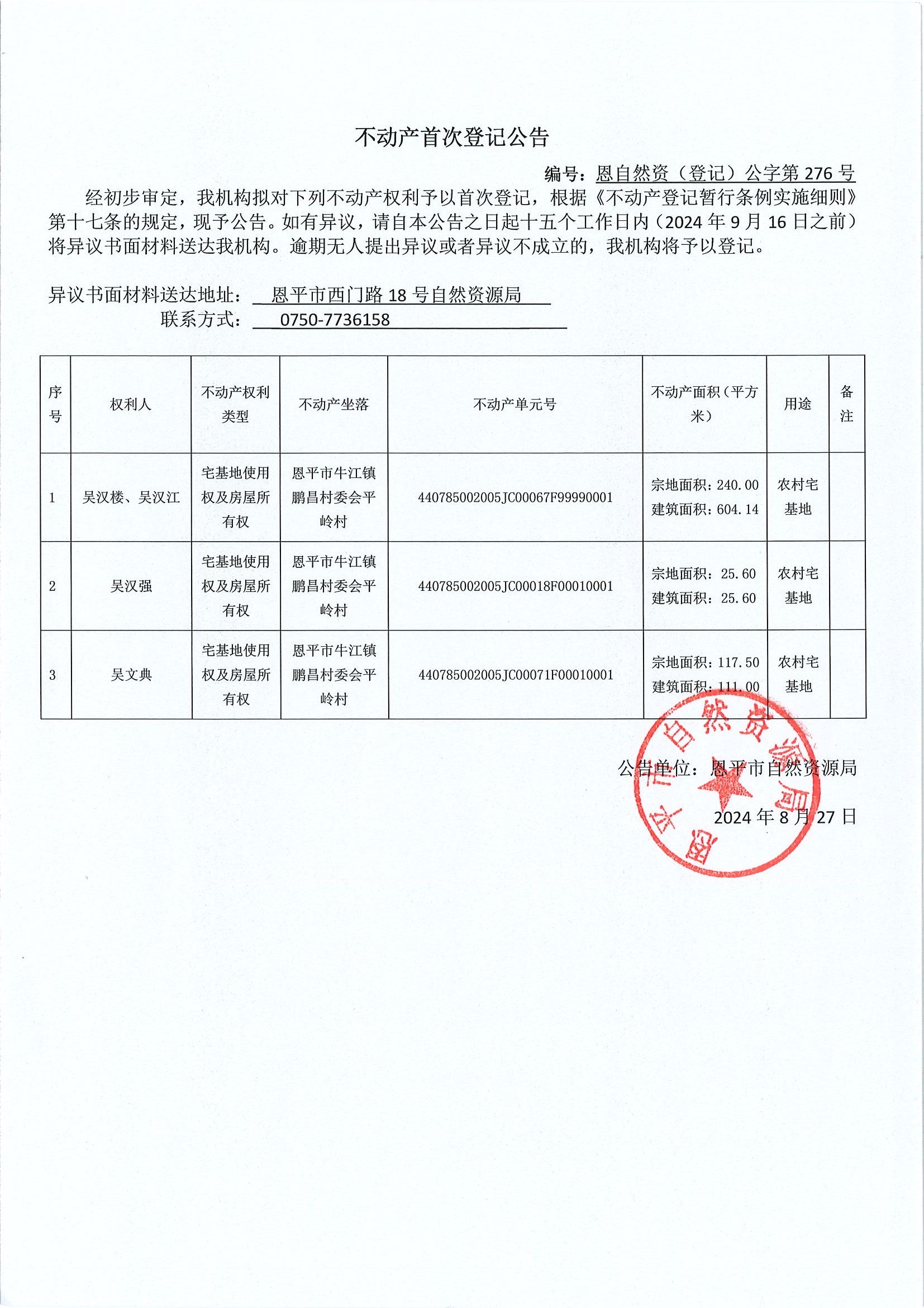 不動產(chǎn)首次登記公告-編號：恩自然資（登記）公字第276號-恩平市牛江鎮(zhèn)鵬昌村委會平嶺村房地一體.jpg