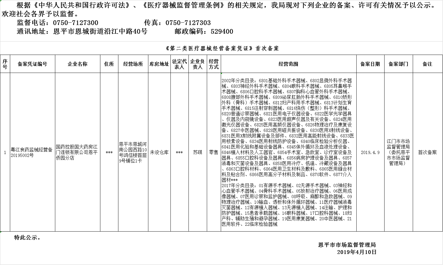 恩平市2019年第三期醫(yī)療器械經(jīng)營企業(yè)備案、許可公示（二類備案）.png